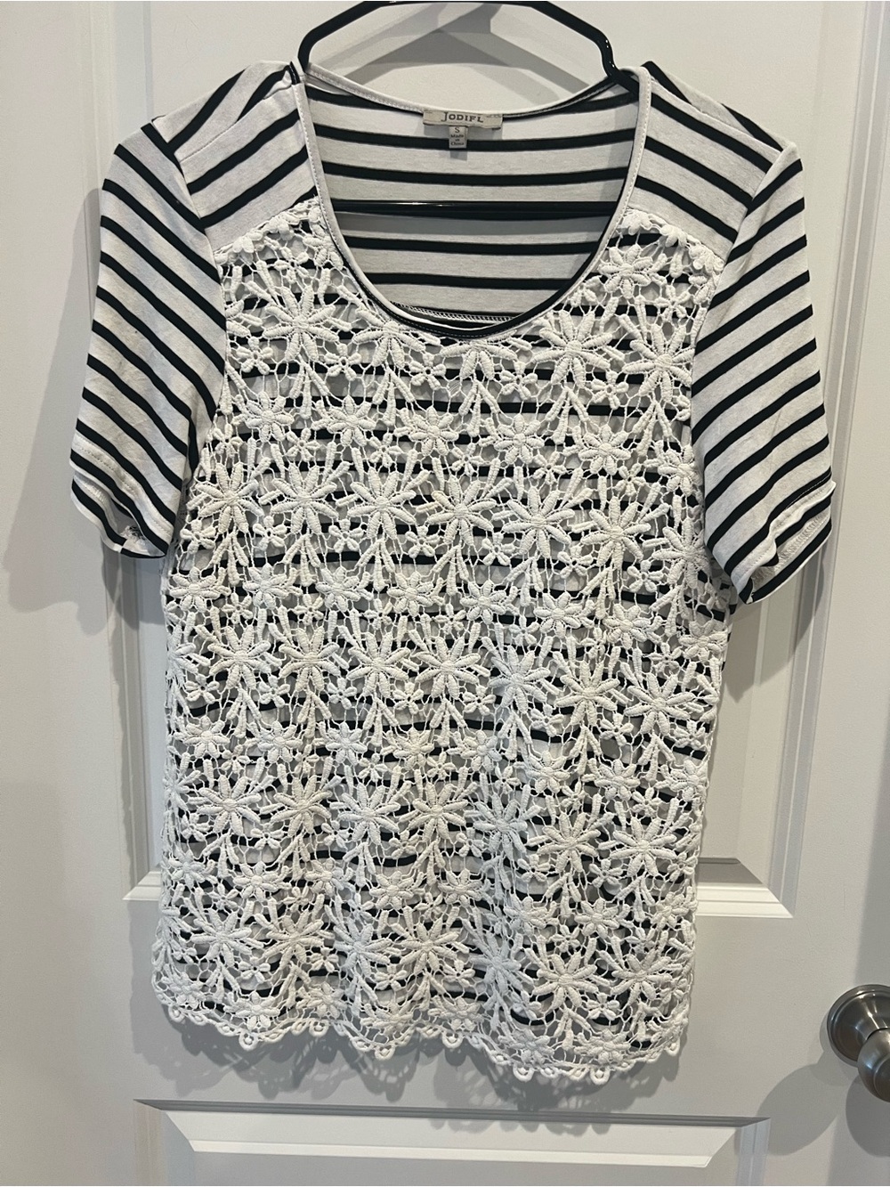 Jodifl White Crochet Front Black & White Striped Short Sleeve Top Size S